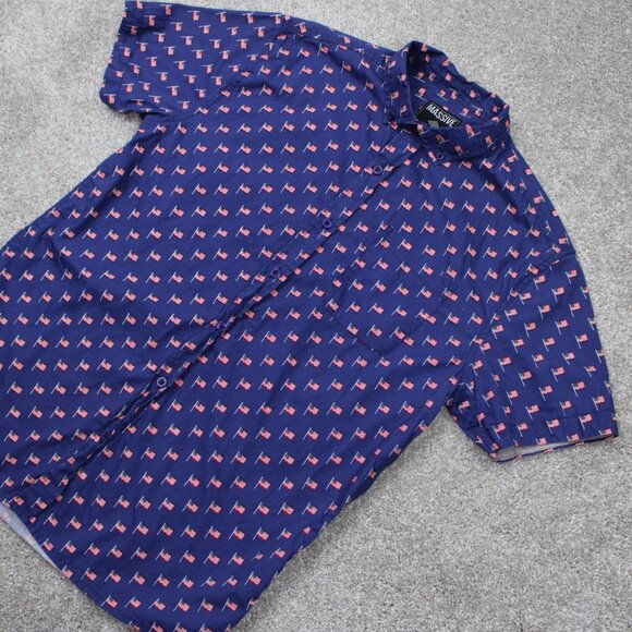 Massive USA Flag AOP Shirt Mens Medium Blue Cotton All Over Print S/S Button - Picture 3 of 12